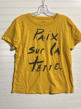 J Crew Yellow Peace On Earth (Paix sur la Terre) Soft Cotton T Shirt Women's L